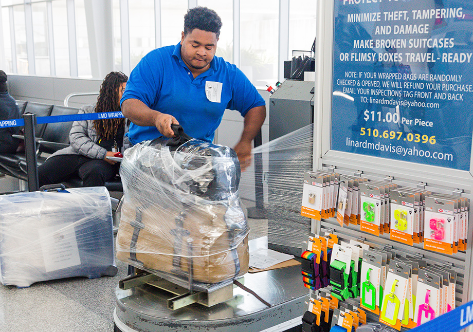 wrapping stroller at airport